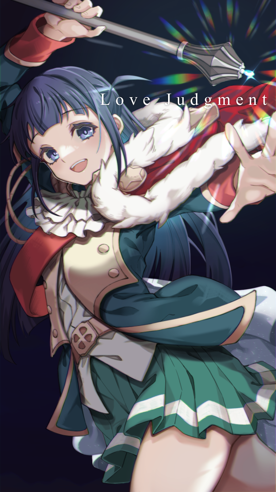 1girl :d aqua_jacket arm_up ascot bangs belt belt_buckle black_background black_hair blue_eyes blunt_bangs brown_belt buckle buttons commentary cowboy_shot eyebrows_visible_through_hair fur-trimmed_jacket fur_trim glint green_skirt hand_up hatori_you highres holding holding_weapon jacket jacket_on_shoulders long_hair long_sleeves looking_at_viewer mace miniskirt open_clothes open_hand open_jacket open_mouth outstretched_arm pleated_skirt red_jacket red_sash sash shirt shoujo_kageki_revue_starlight shoulder_sash simple_background single_stripe skirt smile solo standing striped striped_skirt teeth tsuyuzaki_mahiru two_side_up upper_teeth waist_cape weapon white_ascot white_shirt