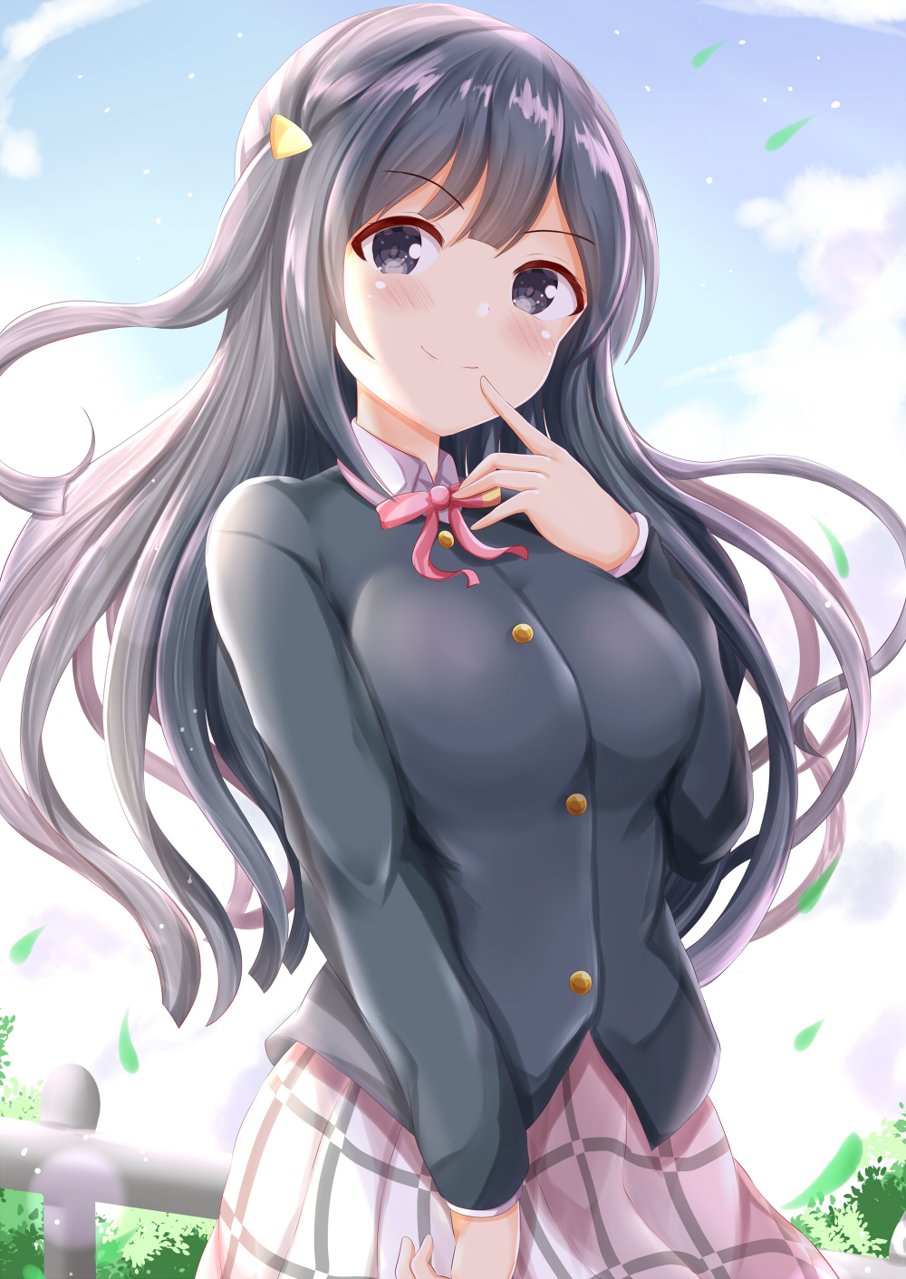 1girl black_eyes black_hair black_jacket blush bow breasts closed_mouth collared_shirt commentary_request day falling_leaves fence finger_to_mouth hand_up highres jacket leaf long_hair love_live! love_live!_nijigasaki_high_school_idol_club medium_breasts outdoors pink_bow school_uniform shirt skirt smile solo very_long_hair white_shirt white_skirt yuuki_setsuna_(love_live!) zenon_(for_achieve)