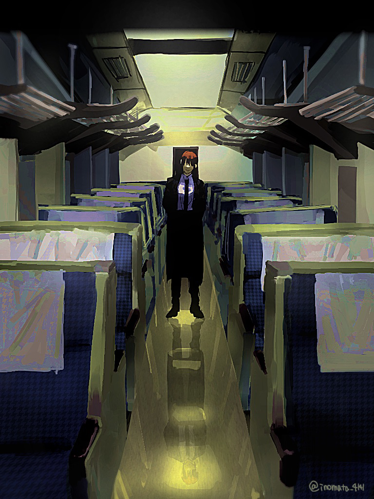 1girl aircraft airplane airplane_interior arms_behind_back bangs black_coat black_footwear black_necktie black_pants chainsaw_man chair coat collared_shirt covered_eyes long_sleeves looking_at_viewer makima_(chainsaw_man) necktie no_eyes pants redhead shirt sidelocks sinister smile solo standing user_fapm37210 white_shirt