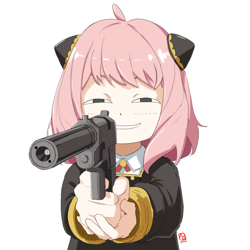 1girl :d aiming_at_viewer anya's_heh_face_(meme) anya_(spy_x_family) automatic_giraffe bangs black_eyes black_jacket grin gun hair_ornament half-closed_eyes handgun holding holding_gun holding_weapon jacket long_sleeves medium_hair meme pink_hair pistol simple_background smile solo spy_x_family suppressor weapon white_background