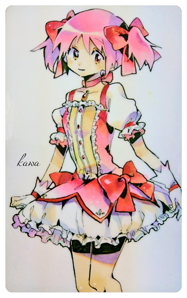 1girl breasts buttons choker dress frilled_dress frilled_sleeves frills gloves hair_ribbon kaname_madoka kawa_(ricopin35) looking_at_viewer magical_girl mahou_shoujo_madoka_magica pink_choker pink_dress pink_hair puffy_short_sleeves puffy_sleeves red_ribbon ribbon ribbon-trimmed_clothes ribbon_trim short_sleeves shorts shorts_under_dress shorts_under_skirt small_breasts smile twintails