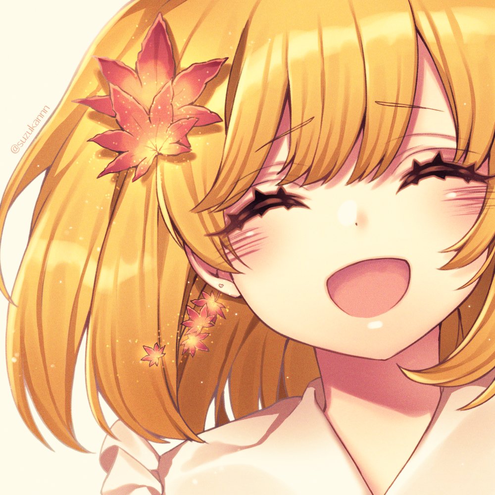 1girl aki_shizuha autumn_leaves bangs blush closed_eyes collared_dress dress earrings eyebrows_visible_through_hair frills hair_ornament happy jewelry kyouda_suzuka leaf leaf_hair_ornament open_mouth orange_hair short_hair simple_background smile solo touhou twitter_username upper_body white_background