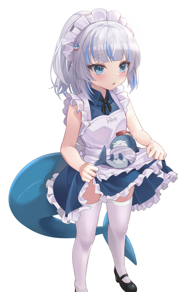 1girl apron bangs bare_arms black_footwear black_ribbon bloop_(gawr_gura) blue_dress blue_eyes blue_hair blunt_bangs blush collared_dress dress fish_tail frilled_apron frilled_dress frills gawr_gura hair_ornament high_ponytail hololive hololive_english kananote maid maid_apron maid_headdress mary_janes medium_hair multicolored_hair neck_ribbon open_mouth ponytail ribbon shark_girl shark_hair_ornament shark_tail shoes sidelocks simple_background skirt_hold sleeveless sleeveless_dress solo streaked_hair striped striped_ribbon symbol-only_commentary tail thigh-highs thighs virtual_youtuber white_apron white_background white_hair white_legwear wing_collar