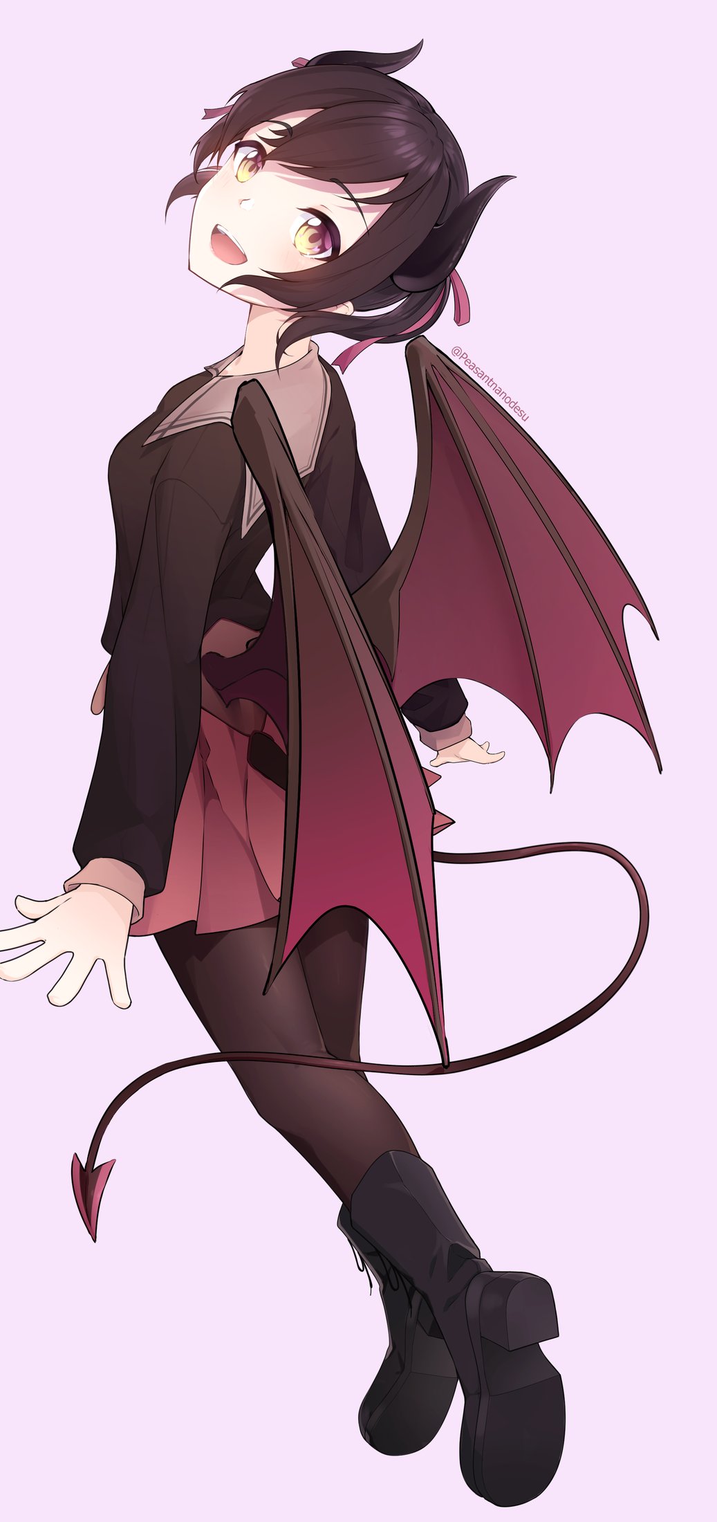 1girl artist_name bangs black_footwear black_hair black_legwear black_shirt boots breasts crescent_link_productions demon_girl demon_horns demon_tail demon_wings from_behind full_body highres horns knee_boots long_sleeves looking_at_viewer low_twintails nephilim_(vtuber) pantyhose peasantnanodesu pink_skirt pleated_skirt sailor_collar school_uniform serafuku shirt short_hair simple_background skirt small_breasts solo swept_bangs tail tail_through_clothes twintails twitter_username virtual_youtuber wings yellow_eyes