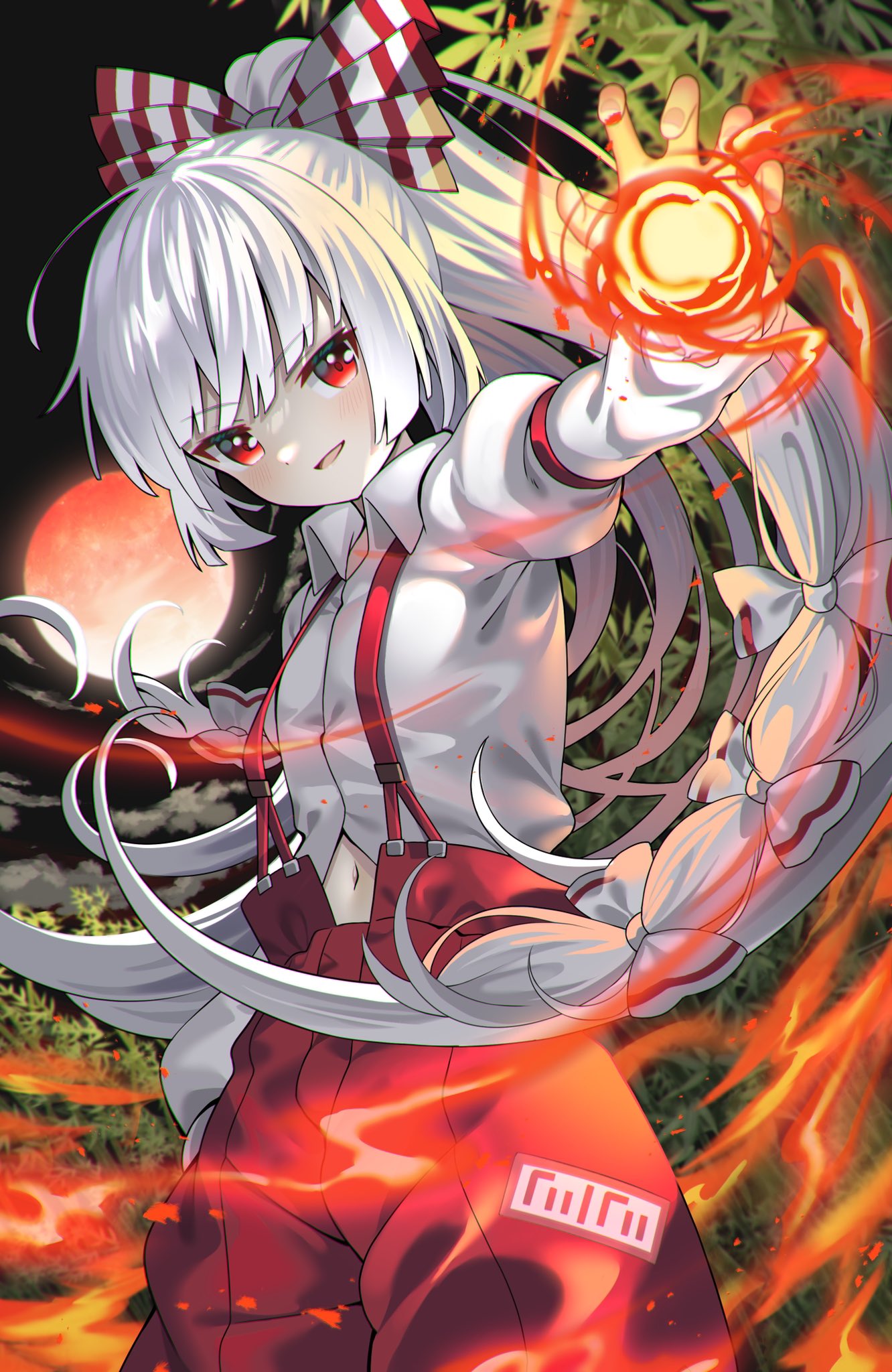 1girl arm_up bamboo bamboo_forest bangs black_sky bow breasts buttons collared_shirt commentary_request eyebrows_visible_through_hair fingernails forest fujiwara_no_mokou full_moon grey_bow grey_hair grey_shirt hair_between_eyes hair_bow hand_in_pocket hand_up highres leaf long_hair long_sleeves looking_to_the_side moon multicolored_bow nail_polish nature navel night night_sky ofuda ofuda_on_clothes open_mouth pants pink_nails pocket puffy_long_sleeves puffy_sleeves red_bow red_eyes red_moon red_pants shirt sky small_breasts smile solo tongue touhou yuujin_(yuzinn333)