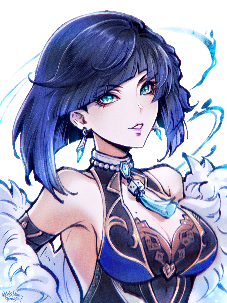 1girl bangs bare_shoulders black_hair bob_cut breasts diagonal_bangs earrings eyebrows_visible_through_hair feather-trimmed_jacket genshin_impact green_eyes jewelry large_breasts leki_ixion looking_at_viewer mole mole_on_breast neck_tassel parted_lips short_hair solo tassel_choker upper_body yelan_(genshin_impact)