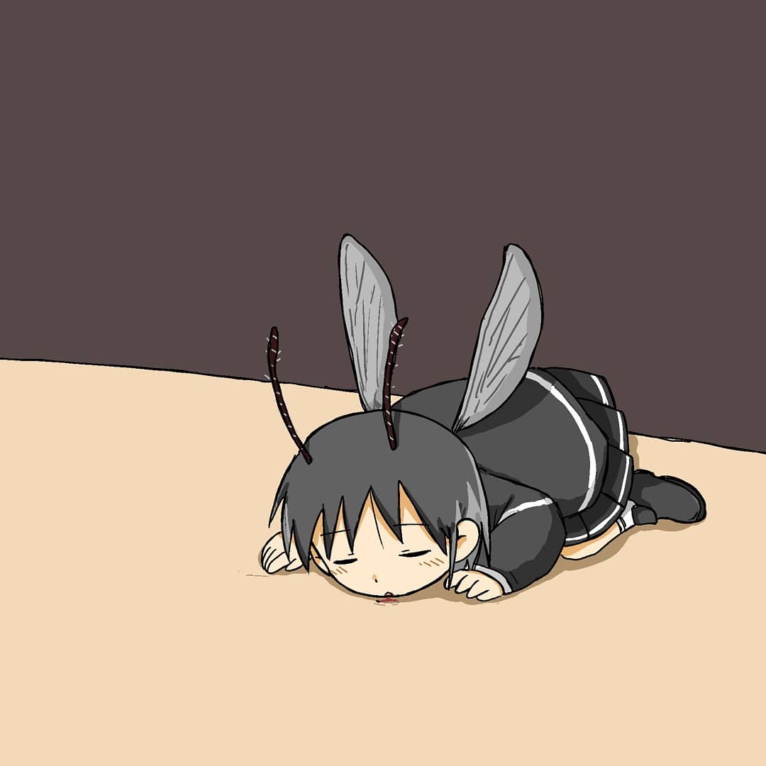 1girl all_fours antennae arthropod_girl black_hair blood blood_sucking closed_eyes insect_wings kishimen_udn minigirl mosquito_girl original simple_background wings