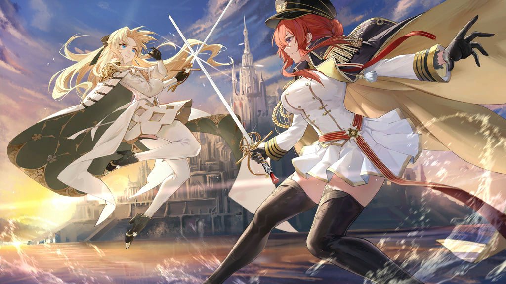 2girls artist_request azur_lane black_coat black_footwear black_gloves black_headwear blonde_hair blue_eyes blue_sky boots braid breasts cape castle coat coat_on_shoulders crown_braid dress duel epaulettes feet_out_of_frame floating full_body gloves gold_trim hair_ribbon hat holding holding_sword holding_weapon jacket large_breasts long_hair long_sleeves miniskirt monarch_(azur_lane) morning multiple_girls official_art outdoors pantyhose peaked_cap pleated_skirt puffy_sleeves redhead ribbon short_dress skirt sky sword thigh_boots third-party_source unsheathed vanguard_(azur_lane) violet_eyes walking walking_on_liquid water weapon white_cape white_dress white_jacket white_legwear white_skirt zettai_ryouiki