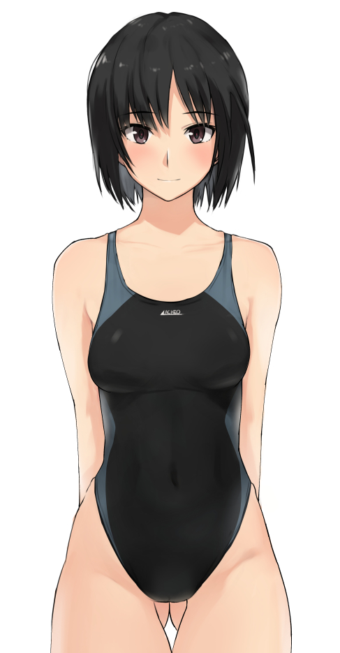 1girl amagami arms_behind_back ass_visible_through_thighs black_hair black_swimsuit breasts brown_eyes commentary_request competition_swimsuit cowboy_shot highleg highleg_swimsuit nanasaki_ai one-piece_swimsuit short_hair simple_background small_breasts solo standing swimsuit two-tone_swimsuit white_background yoo_tenchi