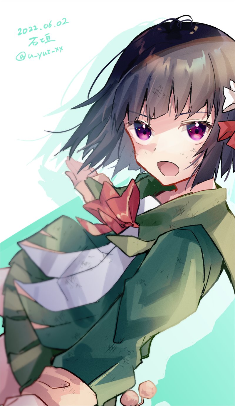 1girl black_hair character_name commentary_request cowboy_shot dated drawstring green_jacket green_sailor_collar green_skirt hair_ribbon highres ishigaki_(kancolle) jacket kantai_collection long_sleeves looking_at_viewer neck_ribbon one-hour_drawing_challenge pleated_skirt pom_pom_(clothes) red_ribbon ribbon sailor_collar school_uniform serafuku short_hair skirt solo twitter_username u_yuz_xx violet_eyes white_ribbon