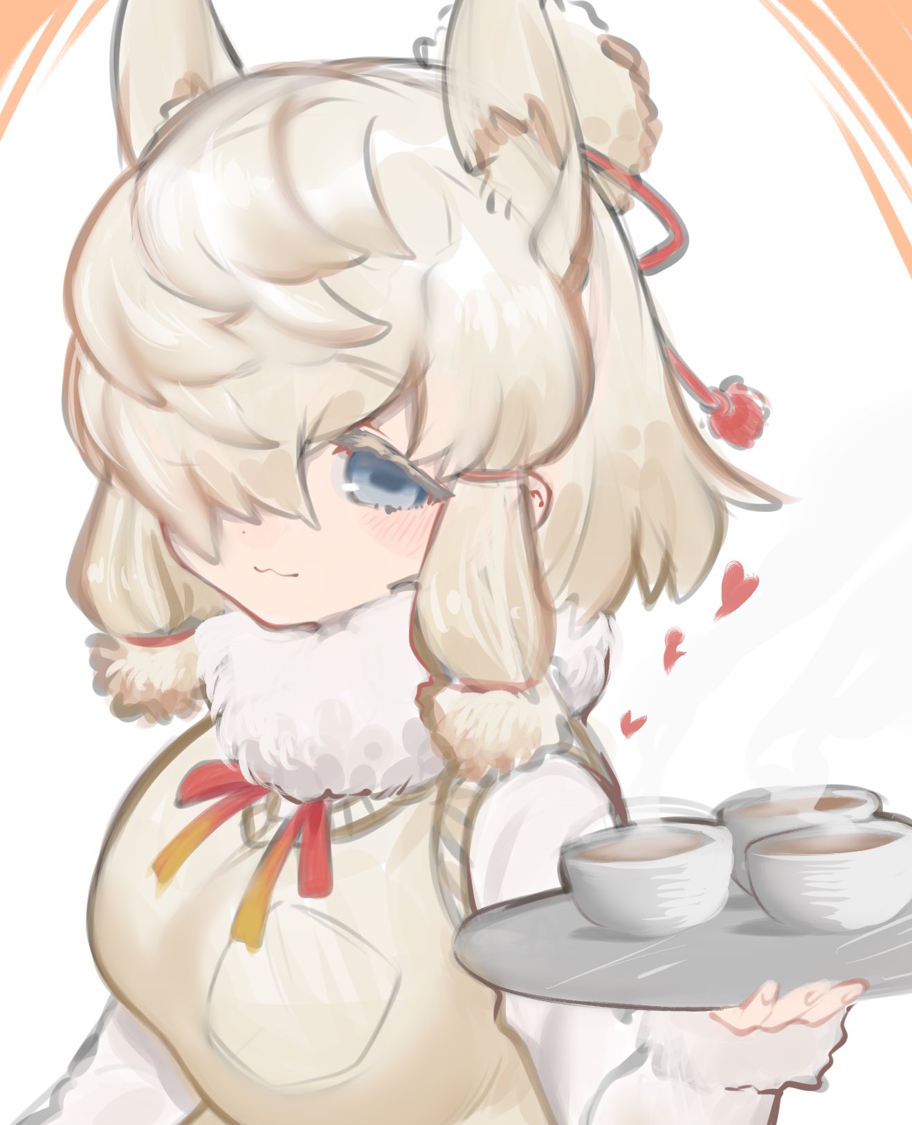 1girl alpaca_ears alpaca_girl alpaca_suri_(kemono_friends) animal_ears blue_eyes blush cup extra_ears fur_collar fur_trim hair_bun hair_over_one_eye hair_tubes heart highres kemono_friends long_sleeves looking_at_viewer neck_ribbon notora ribbon short_hair solo sweater tea teacup tray upper_body vest white_fur white_hair white_sweater white_vest