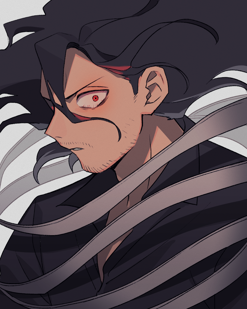 1boy black_hair black_shirt bloodshot_eyes boku_no_hero_academia collared_shirt commentary eraser_head_(boku_no_hero_academia) facial_hair floating_hair floating_scarf grey_background grey_scarf highres long_hair looking_at_viewer male_focus nns146 parted_lips red_eyes scarf shirt simple_background solo stubble