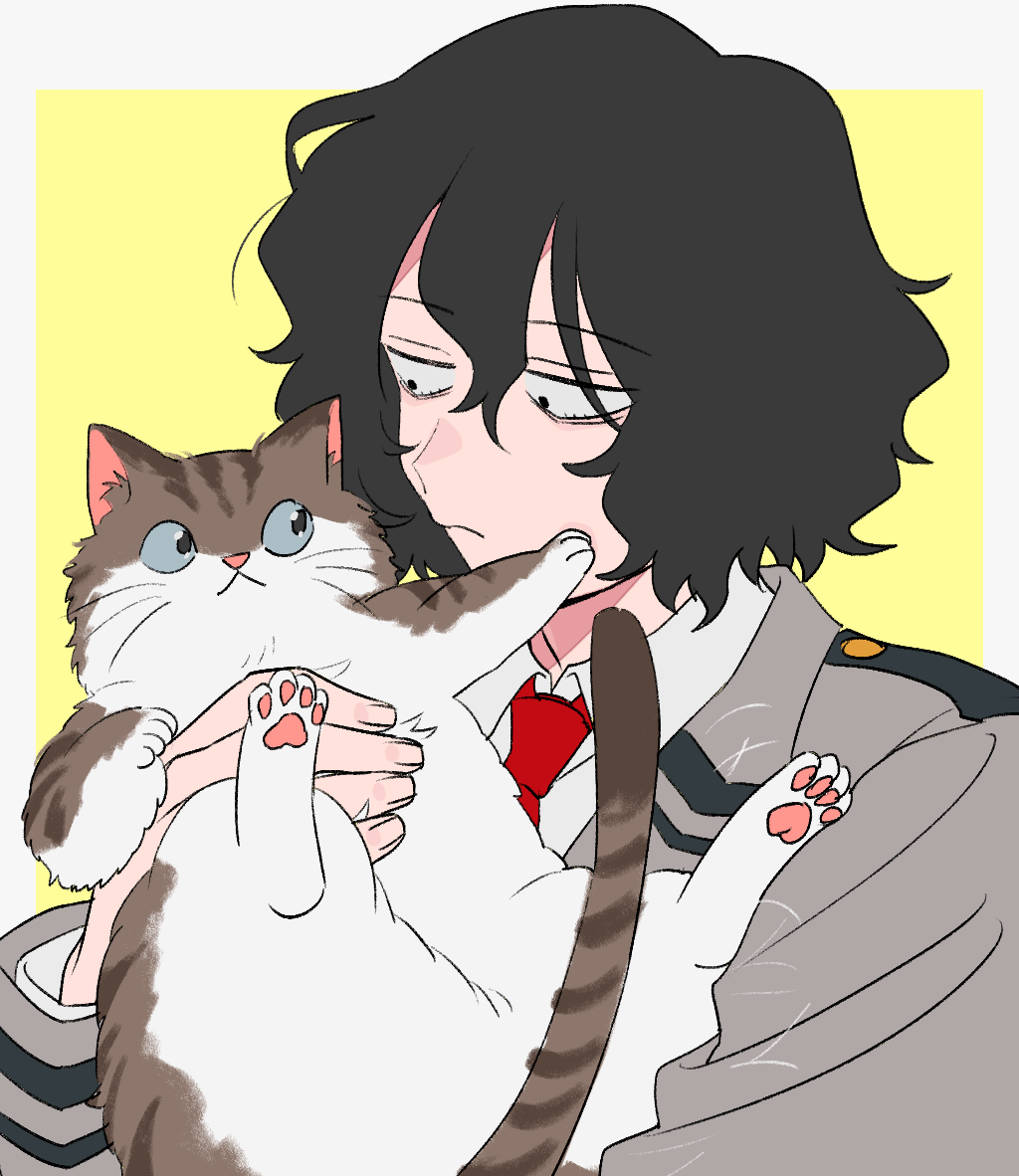 1boy animal black_hair boku_no_hero_academia border cat closed_mouth collared_shirt commentary eraser_head_(boku_no_hero_academia) grey_jacket hair_between_eyes holding holding_animal holding_cat jacket long_sleeves looking_at_animal male_focus necktie nns146 outside_border pawpads red_necktie school_uniform shirt short_hair simple_background teenage u.a._school_uniform white_border white_shirt yellow_background younger