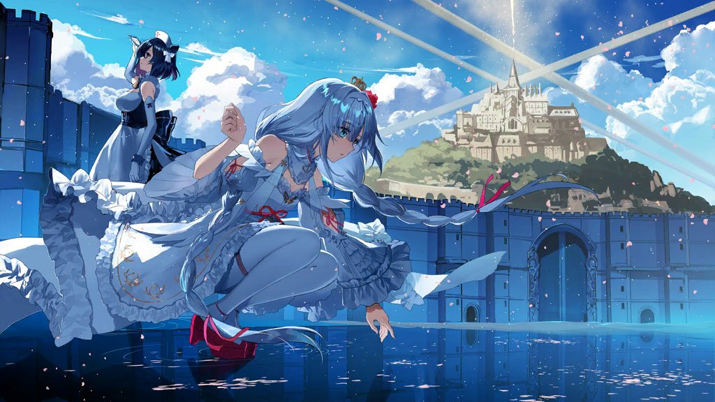 2girls apron artist_request azur_lane bare_shoulders black_dress blue_eyes blue_hair bow breasts bridge castle clothing_cutout clouds day dress elbow_gloves framed_breasts frilled_apron frilled_dress frills from_side gloves hair_bow janus_(azur_lane) jervis_(azur_lane) light_beam long_hair long_sleeves medium_breasts medium_hair multiple_girls official_art outdoors pantyhose purple_hair shoulder_cutout third-party_source walking walking_on_liquid water white_apron white_bow white_gloves white_legwear wide_sleeves