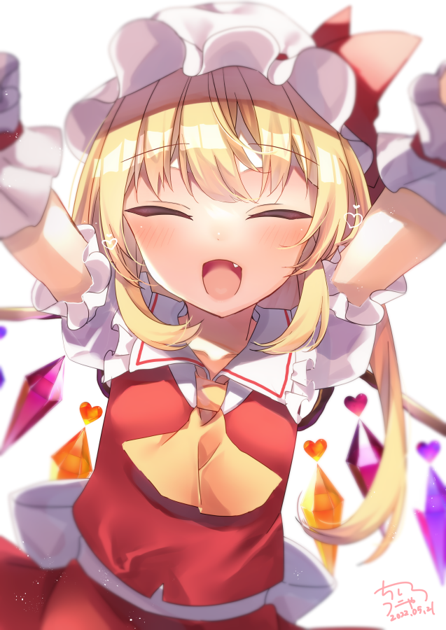 1girl ascot back_bow blonde_hair bow chisiro_unya_(unya_draw) closed_eyes collarbone collared_shirt commentary_request crystal eyebrows_visible_through_hair facing_viewer flandre_scarlet frilled_shirt_collar frilled_sleeves frills hat hat_ribbon heart incoming_hug long_hair mob_cap multicolored_wings open_mouth puffy_short_sleeves puffy_sleeves red_ribbon red_skirt red_vest ribbon shiny shiny_hair shirt short_sleeves skirt solo touhou vest white_bow white_headwear white_shirt wings wrist_cuffs yellow_ascot