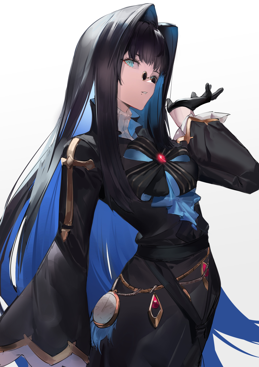 1girl aqua_eyes bangs belt black_dress black_gloves black_hair blazpu blue_hair character_request commentary_request copyright_request dress gloves hair_intakes hand_up high_collar highres long_hair looking_at_viewer looking_to_the_side mole mole_under_mouth multicolored_hair parted_lips pocket_watch round_eyewear sidelocks simple_background solo sunglasses two-tone_hair upper_body very_long_hair watch white_background wide_sleeves