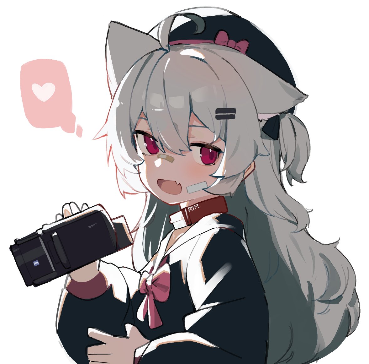 1girl ahoge animal_ears bandaid bandaid_on_face bangs black_headwear blush camera collar fang fenrir_(fenriluuu) grey_hair hair_between_eyes hair_ornament hairclip hat heart holding holding_camera long_hair long_sleeves one_side_up open_mouth original red_collar red_eyes rir-chan simple_background skin_fang solo spoken_heart symbol-only_commentary white_background wolf_ears wolf_girl