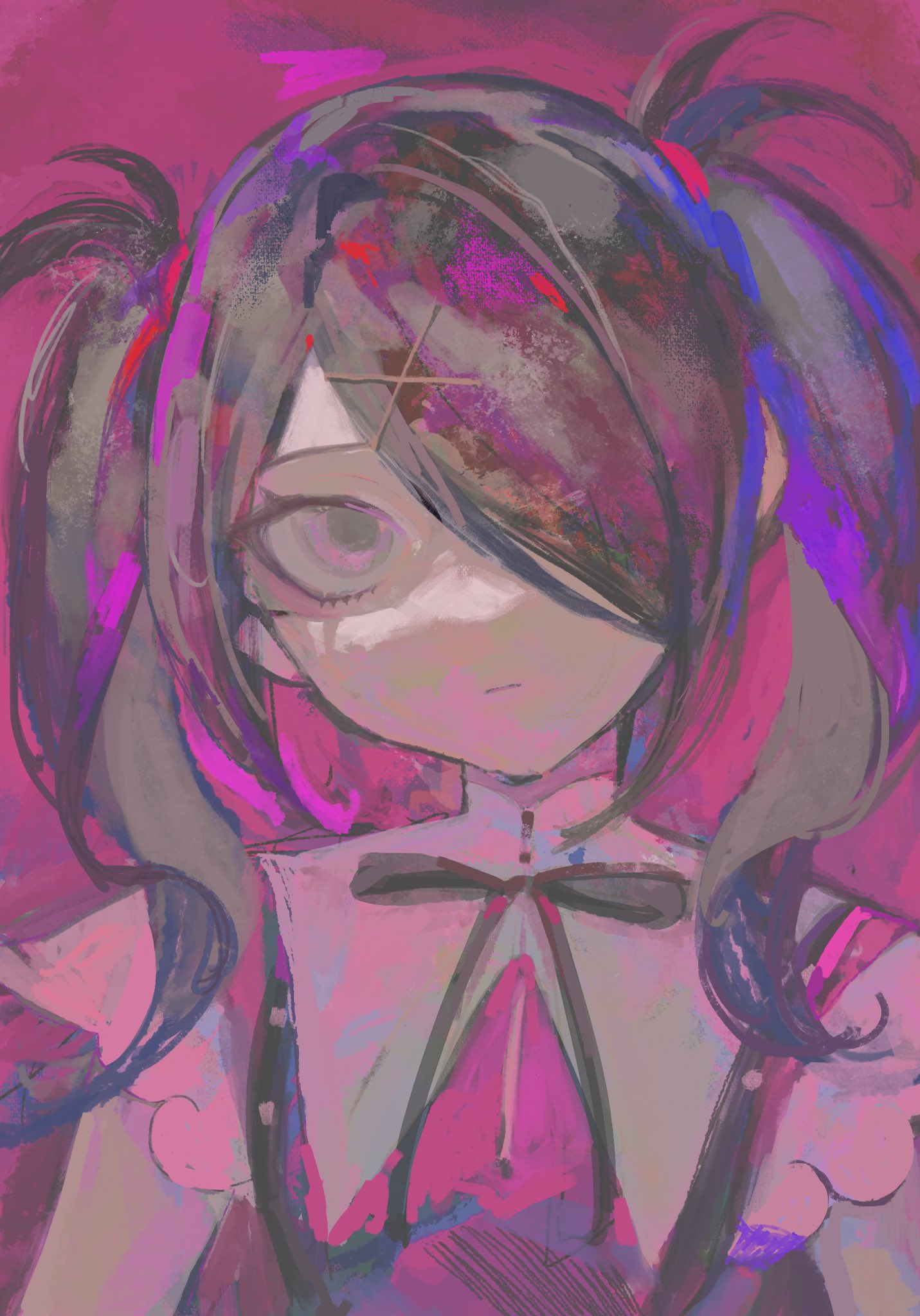 1girl ame-chan_(needy_girl_overdose) black_hair black_ribbon expressionless hair_ornament hair_over_one_eye highres kokemozuku long_hair looking_at_viewer neck_ribbon needy_girl_overdose pink_background pink_eyes ribbon short_sleeves sketch solo suspenders twintails upper_body x_hair_ornament