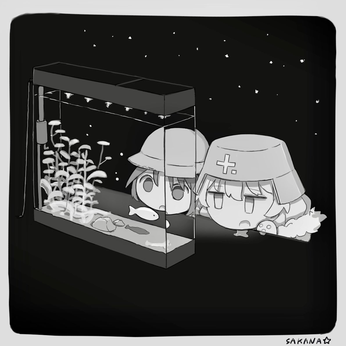 2girls chito_(shoujo_shuumatsu_ryokou) drooling fish fish_tank greyscale helmet long_hair looking_at_another monochrome multiple_girls nuko_(shoujo_shuumatsu_ryokou) open_mouth origami_gyokuo refraction saliva shoujo_shuumatsu_ryokou yuuri_(shoujo_shuumatsu_ryokou)