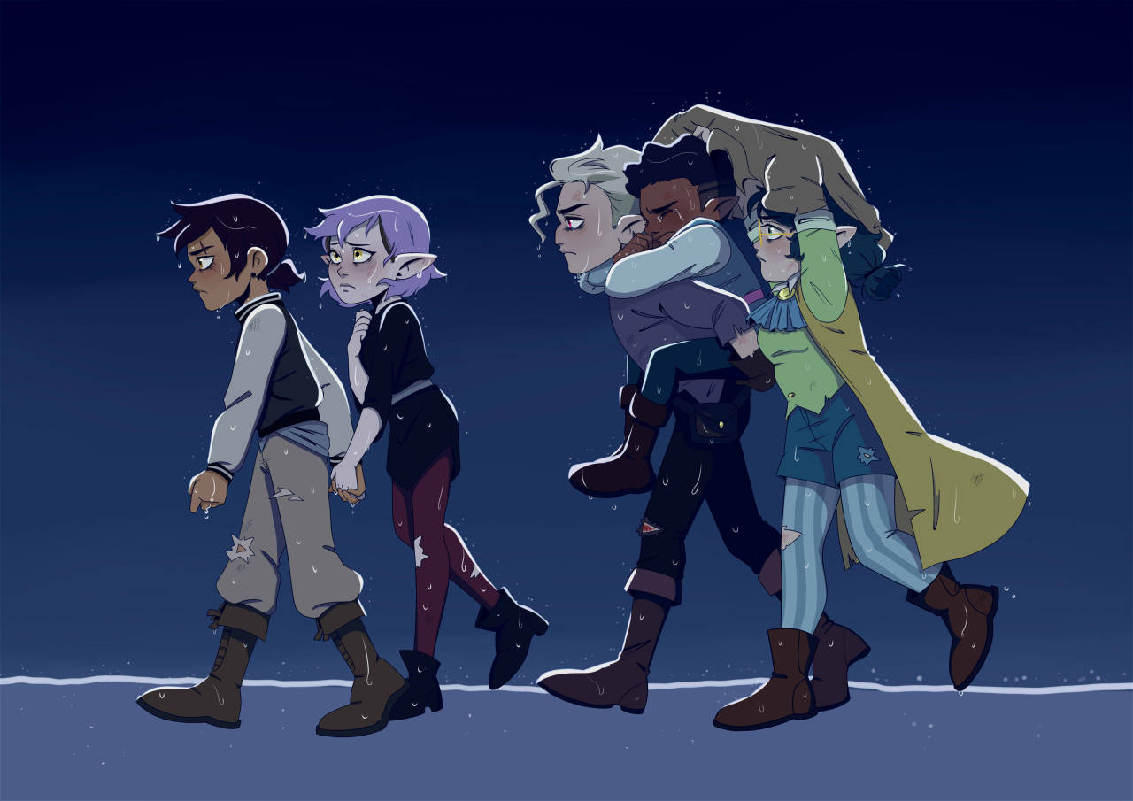 2boys 3girls amity_blight black_hair blonde_hair blood boots brown_hair carrying colored_skin crying dark_skin forbes_kaytlin glasses gus_porter holding_hands hunter_(the_owl_house) jacket luz_noceda multiple_boys multiple_girls pants pantyhose piggyback pointy_ears purple_hair red_eyes scar scar_on_leg short_hair teenage the_owl_house walking water_drop wet wet_clothes white_skin yellow_eyes