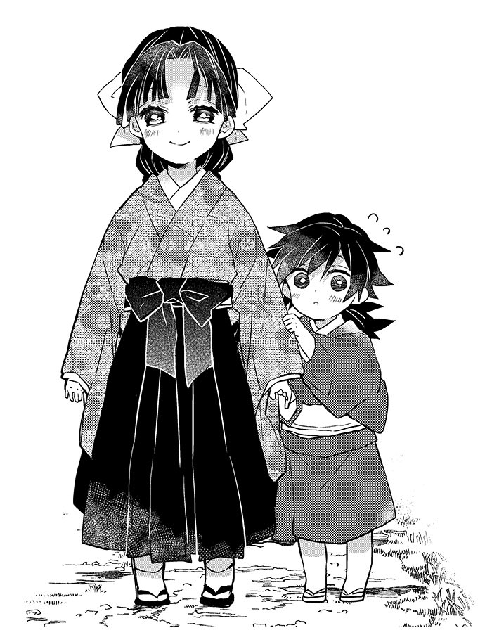 1boy 1girl arms_at_sides bangs bow braid braided_ponytail brother_and_sister child clinging floral_print flying_sweatdrops full_body hair_ribbon hakama happy height_difference hiding hiding_behind_another japanese_clothes kimetsu_no_yaiba kimono long_hair long_sleeves looking_at_viewer monochrome obi parted_bangs ponytail ribbon road sash shy siblings simple_background single_braid smile socks standing tabi tomioka_giyuu tomioka_tsutako tuduri younger zouri