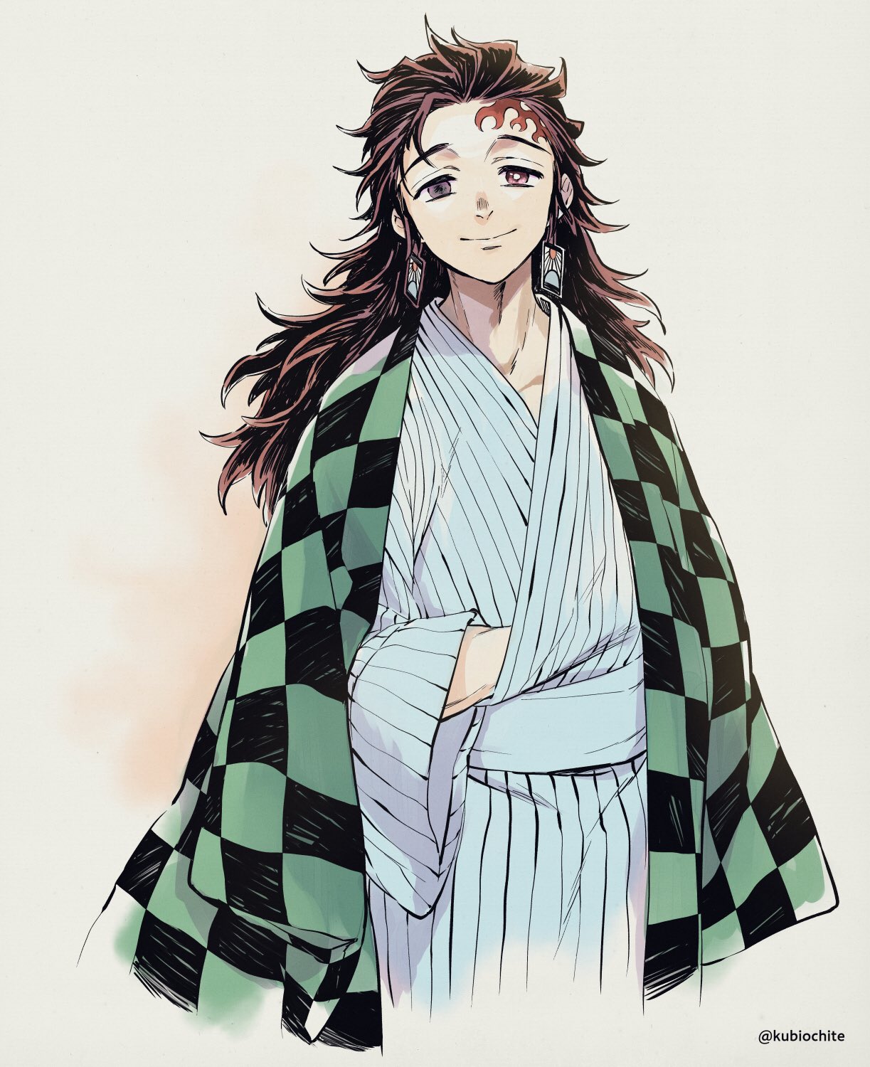 1boy alternate_hair_length alternate_hairstyle checkered_clothes closed_mouth coat coat_on_shoulders cowboy_shot dalc_rose earrings grey_eyes haori happy heterochromia highres japanese_clothes jewelry kamado_tanjirou kimetsu_no_yaiba long_hair long_sleeves looking_at_viewer male_focus older pink_eyes scar scar_on_face scar_on_forehead simple_background smile solo twitter_username wide_sleeves