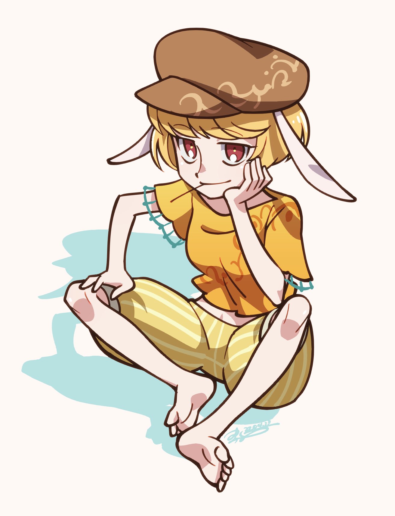 1girl animal_ears bangs barefoot breasts brown_headwear closed_mouth commentary_request crescent crescent_print eyebrows_visible_through_hair hand_on_own_face hand_up hat highres looking_at_viewer medium_breasts one-hour_drawing_challenge orange_hair orange_shirt rabbit_ears red_eyes ringo_(touhou) shadow shikido_(khf) shirt short_hair short_sleeves shorts signature simple_background sitting smile solo striped striped_shorts t-shirt touhou white_background yellow_shorts