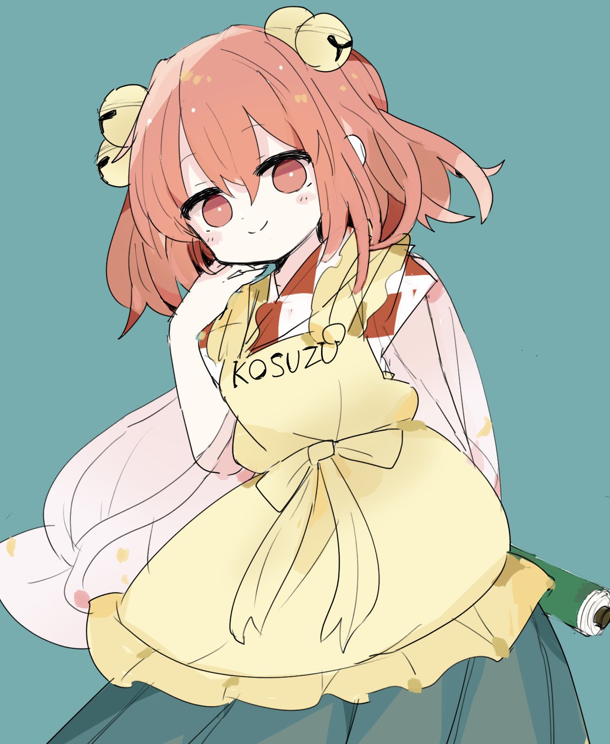 1girl 76gpo apron aqua_background bangs bell character_name checkered_clothes closed_mouth clothes_writing green_skirt hair_bell hair_ornament highres long_sleeves looking_at_viewer motoori_kosuzu one-hour_drawing_challenge orange_eyes orange_hair scroll short_hair simple_background skirt smile solo touhou two_side_up wide_sleeves yellow_apron