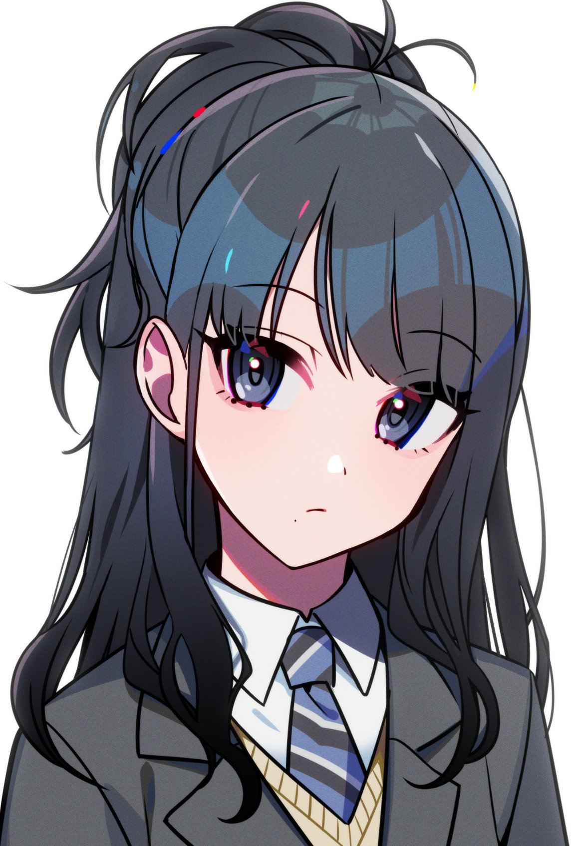 82yura bangs black_eyes black_hair blue_necktie commentary_request expressionless eyebrows_visible_through_hair eyelashes grey_jacket hair_ornament highres idolmaster idolmaster_shiny_colors jacket kazano_hiori long_hair looking_at_viewer mole mole_under_mouth necktie ponytail shirt solo striped_necktie upper_body vest wavy_hair white_background white_shirt wing_collar yellow_vest yuura