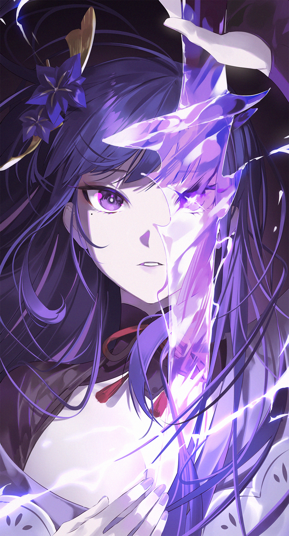 1girl electricity flower genshin_impact hair_flower hair_ornament highres holding holding_sword holding_weapon human_scabbard japanese_clothes kimono lanta lightning looking_at_viewer mole mole_under_eye musou_isshin_(genshin_impact) off_shoulder parted_lips purple_hair purple_kimono purple_nails raiden_shogun see-through shrug_(clothing) solo sword upper_body violet_eyes weapon