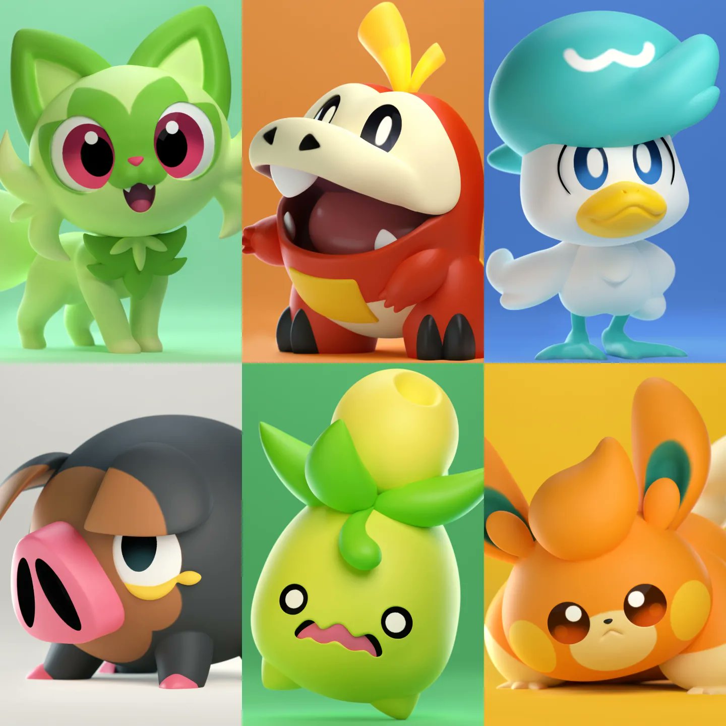 3d animal bird cat duck fangs fuecoco henry_vargas highres lechonk looking_at_viewer no_humans open_mouth orange_fur pawmi pig pokemon pokemon_(creature) pokemon_(game) pokemon_sv quaxly scared smoliv sprigatito