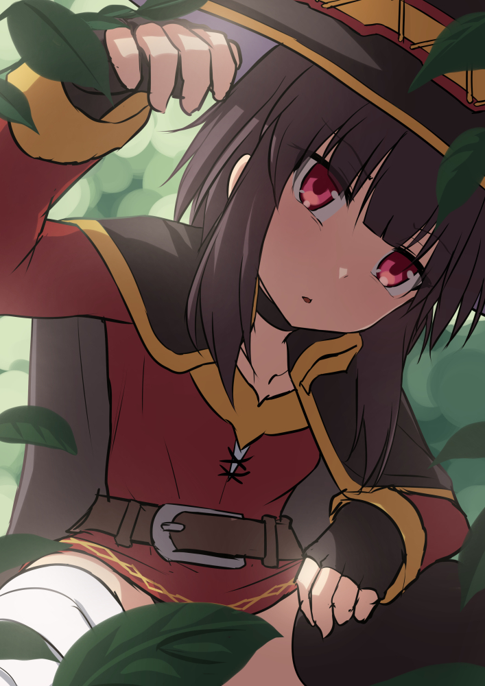 1girl bangs black_cape black_choker black_headwear blunt_bangs brown_hair buckle cape choker collarbone dress eyebrows_visible_through_hair fingerless_gloves gloves hat kono_subarashii_sekai_ni_shukufuku_wo! long_sleeves megumin red_dress red_eyes short_hair sidelocks solo umarutsufuri witch_hat