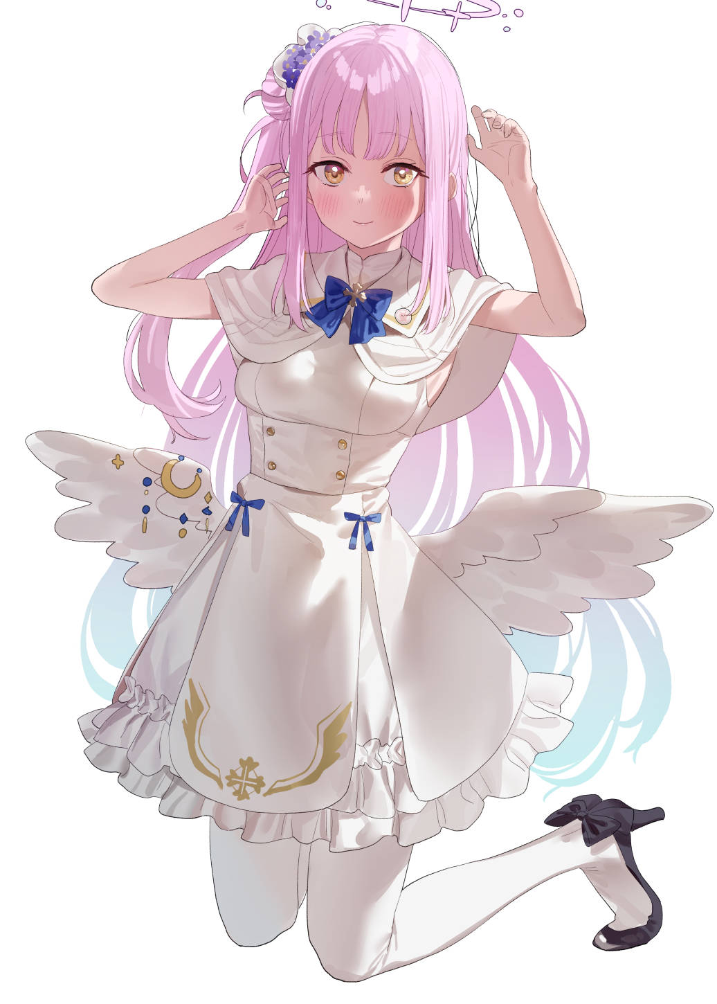 1girl angel_wings blue_archive blue_bow blush bow capelet crescent dress feathered_wings flower frilled_dress frills full_body hair_flower hair_ornament halo high_heels highres kneeling long_hair mika_(blue_archive) pink_hair solo subachi white_background white_dress white_legwear wings yellow_eyes
