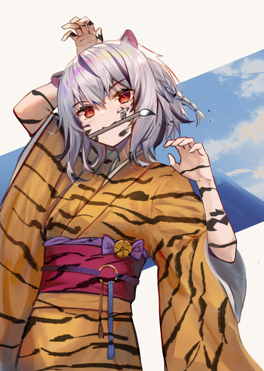 1girl animal_ears arm_up bangs black_hair blue_sky bodypaint braid chinese_zodiac claw_pose clouds cloudy_sky commentary_request eyebrows_visible_through_hair facepaint furisode grey_hair hair_between_eyes hand_up head_tilt highres hopepe japanese_clothes kimono long_sleeves looking_at_viewer medium_hair mountain mouth_hold multicolored_hair obi obiage obijime orange_kimono original outstretched_hand paint_on_clothes paintbrush red_eyes sash shiny shiny_hair side_braid sky solo streaked_hair tassel tiger_ears tiger_girl tiger_stripes wide_sleeves year_of_the_tiger
