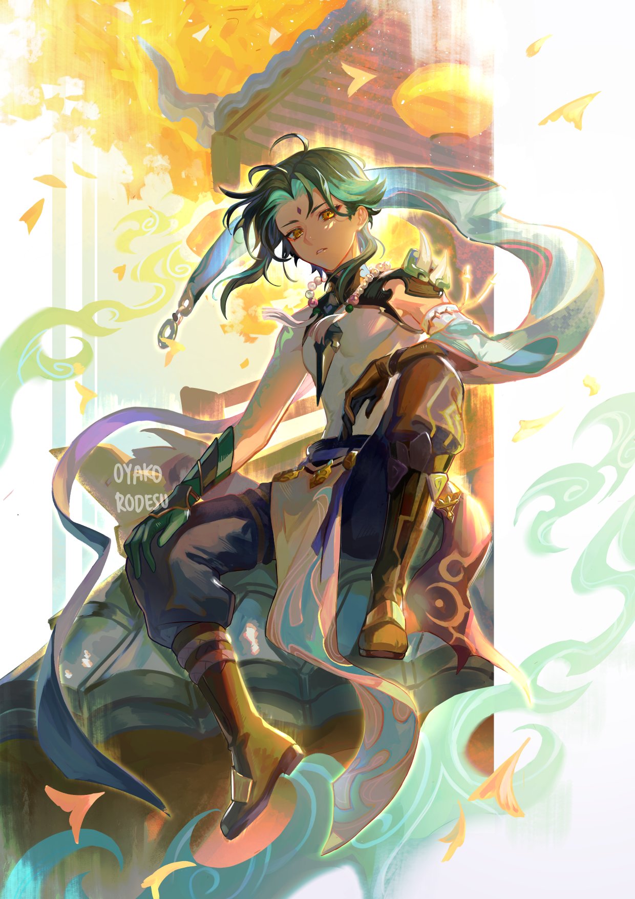 1boy armor artist_name bare_arms bare_shoulders bead_necklace beads black_hair boots chinese_clothes english_commentary facial_mark floating_hair forehead_jewel forehead_mark full_body genshin_impact gloves green_gloves green_hair hand_on_own_knee highres jewelry knee_up leaf long_hair looking_afar male_focus multicolored_hair necklace oil_lamp outdoors oyakorodesu parted_lips rooftop sash shoulder_armor sitting solo spread_legs streaked_hair tree two-tone_hair v-shaped_eyebrows xiao_(genshin_impact) yellow_eyes
