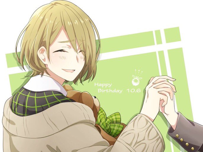 1boy blonde_hair bow brown_jacket charade_maniacs chigasaki_mamoru dated green_bow hair_over_one_eye happy_birthday holding_hands jacket long_sleeves mikesabi0303 plaid plaid_bow short_hair simple_background smile stuffed_animal stuffed_toy teddy_bear