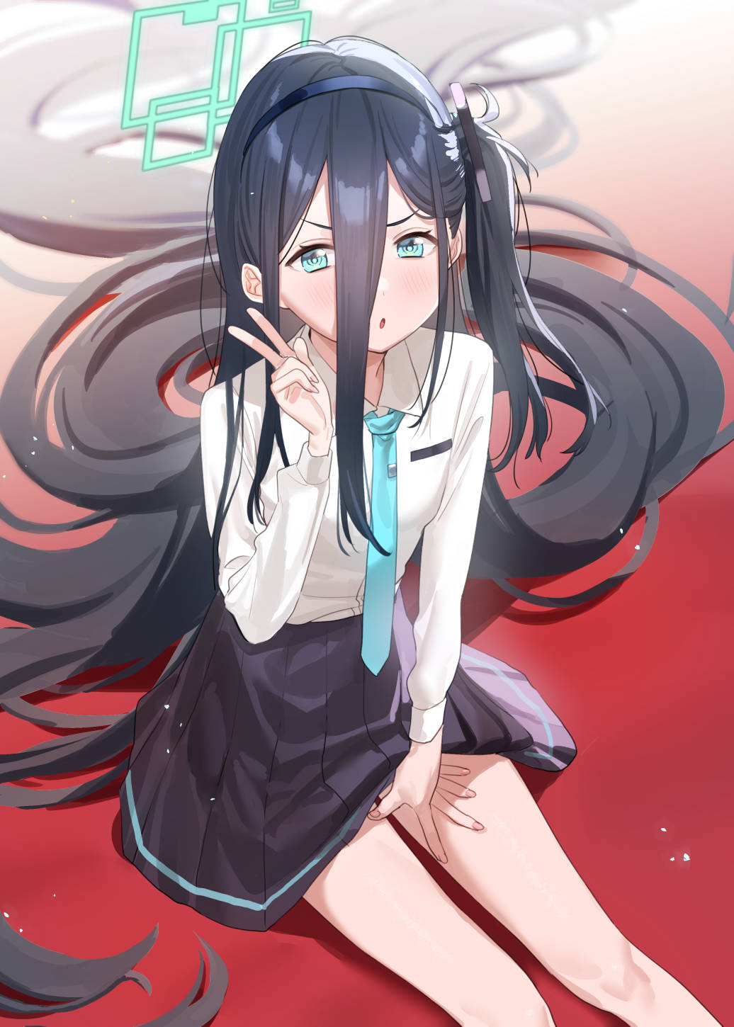 1girl arisu_(blue_archive) bangs black_hair black_hairband black_skirt blue_archive blue_eyes blue_necktie blush collared_shirt commentary_request feet_out_of_frame hair_between_eyes hairband halo hand_on_own_thigh hand_up highres long_hair looking_at_viewer necktie one_side_up parted_lips pleated_skirt shirt skirt solo subachi v v-shaped_eyebrows very_long_hair white_shirt