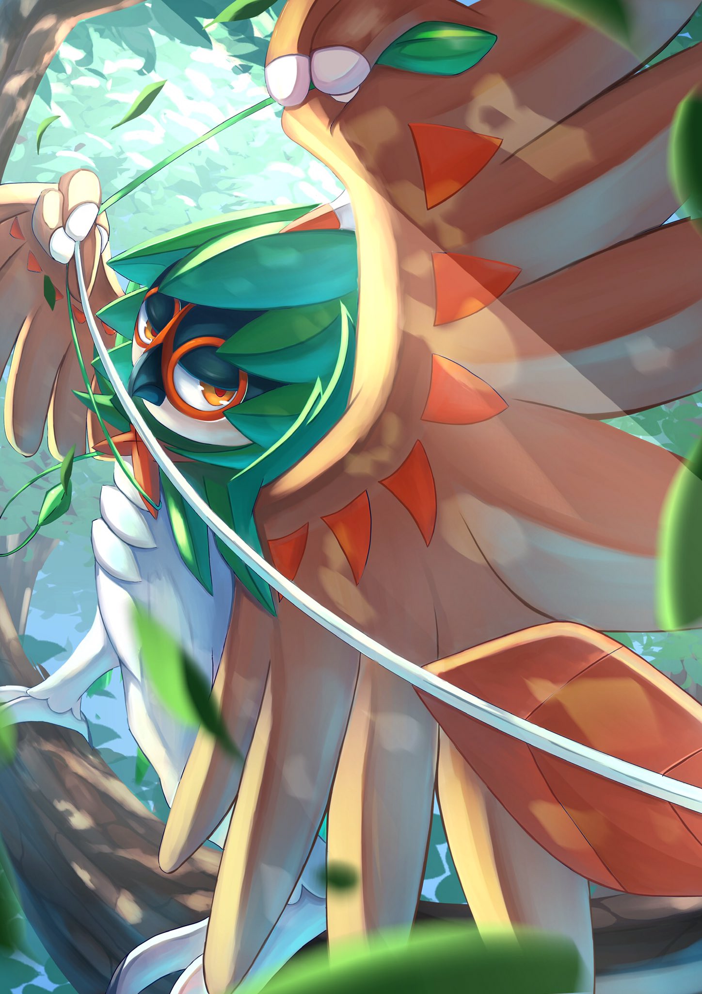 animal_focus arrow_(projectile) bird blurry closed_mouth commentary_request day decidueye falling_leaves highres leaf no_humans orange_eyes outdoors owl pokemon pokemon_(creature) red_pupils ririri_(user_rkrv7838) solo standing