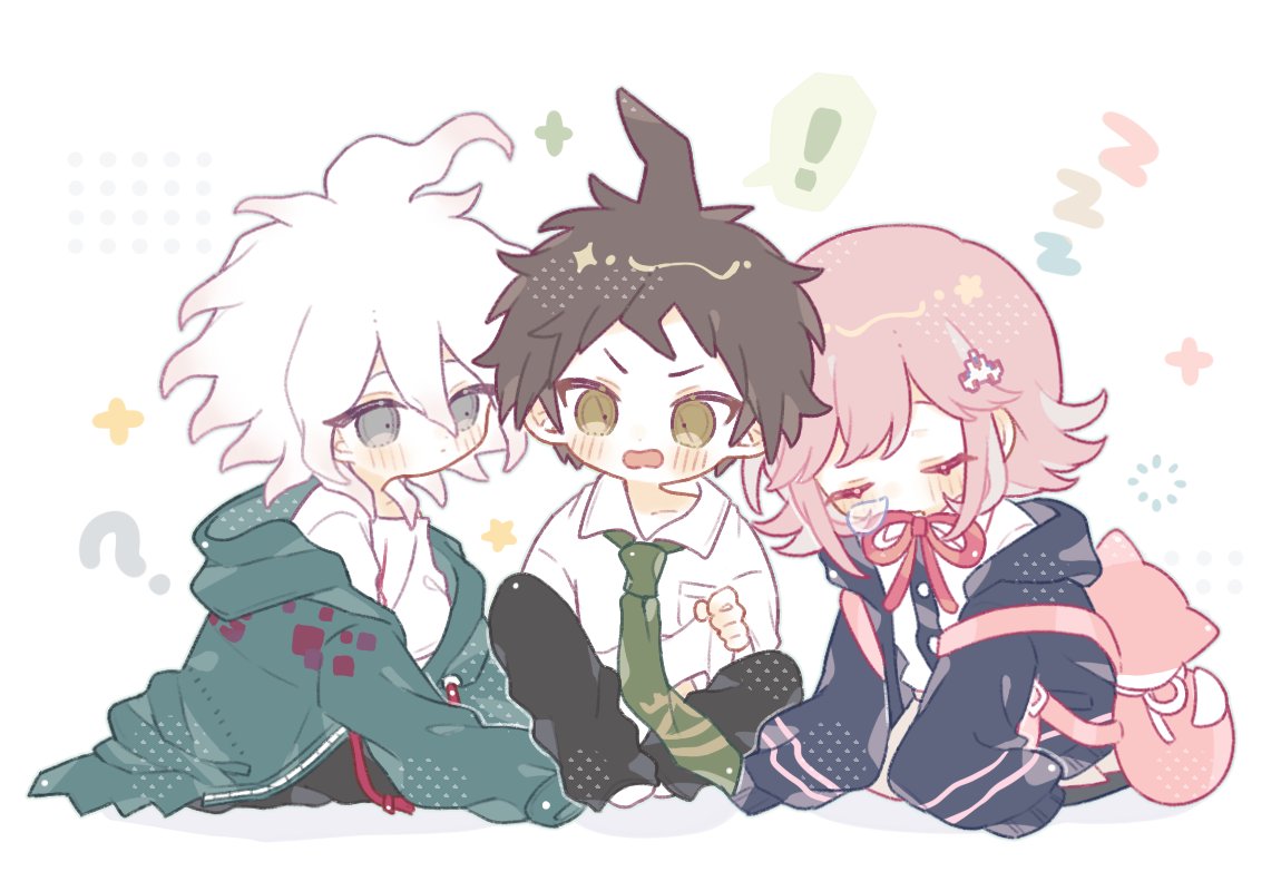 ! 1girl 2boys backpack bag bangs black_pants blush brown_eyes brown_hair child danganronpa_(series) danganronpa_2:_goodbye_despair dress_shirt flipped_hair galaga green_jacket green_necktie grey_background hair_between_eyes hair_ornament hinata_hajime jacket komaeda_nagito long_sleeves mao_gao_gao medium_hair messy_hair multiple_boys nanami_chiaki neck_ribbon necktie no_shoes off_shoulder open_mouth oversized_clothes pants pink_bag pink_ribbon ribbon shirt short_hair sleeping spoken_exclamation_mark white_shirt