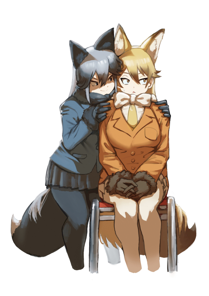 2girls animal_ears black_fur black_gloves black_hair black_legwear black_skirt blue_jacket bow bowtie brown_fur brown_gloves brown_hair chair commentary_request extra_ears eyebrows_visible_through_hair ezo_red_fox_(kemono_friends) fox_ears fox_girl fox_tail fur_collar fur_trim gloves grey_hair hands_on_another's_shoulders hatch_box jacket kemono_friends long_hair long_sleeves looking_away multicolored_hair multiple_girls necktie orange_hair orange_jacket orange_legwear pantyhose pleated_skirt redhead rolling_eyes sidelocks silver_fox_(kemono_friends) sitting skirt sweatdrop tail white_bow white_bowtie white_skirt yellow_eyes yellow_necktie