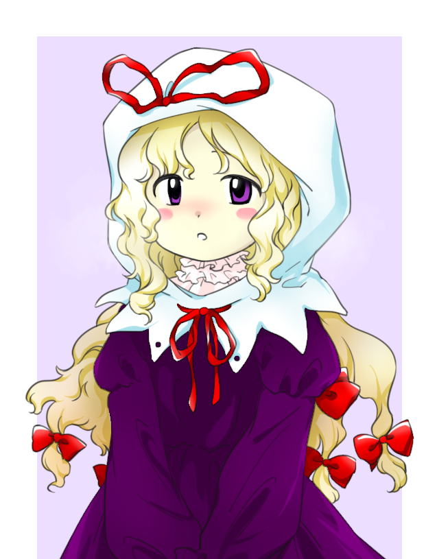 1girl :o alternate_headwear bangs blonde_hair blush blush_stickers border bow cold dot_nose dress eyebrows_behind_hair frills hair_bow hair_ribbon high_collar hood hood_up lavender_background long_hair long_sleeves looking_at_viewer multiple_bows multiple_hair_bows neck_ribbon nonamejd nose_blush official_style outside_border parted_lips puffy_long_sleeves puffy_sleeves purple_dress red_bow red_ribbon ribbon simple_background solo swept_bangs tareme touhou tress_ribbon upper_body v_arms violet_eyes wavy_hair white_border white_hood yakumo_yukari zun_(style)