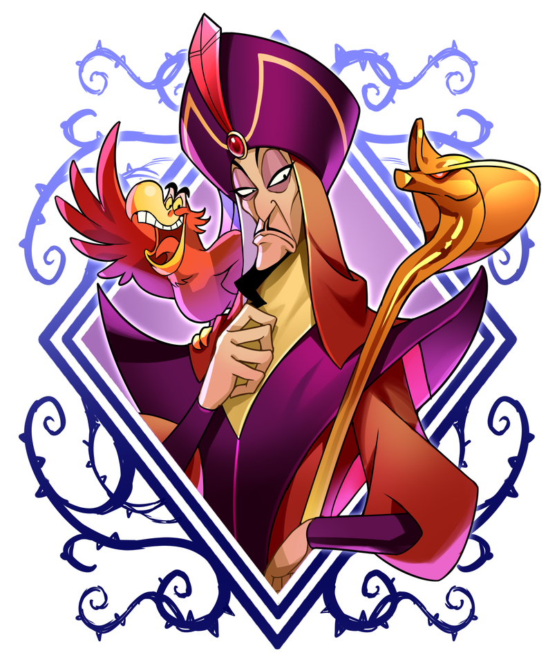 1boy aladdin_(disney) beard bird border closed_mouth commentary_request dark-skinned_male dark_skin disney egyptian_clothes facial_hair feathers frown gem half-closed_eyes hand_on_own_chest hat jafar kyo-hei_(kyouhei) looking_at_viewer male_focus open_mouth parrot plant pointy_nose puffy_sleeves shadow solo staff teeth upper_body upper_teeth v-shaped_eyebrows vines yellow_eyes
