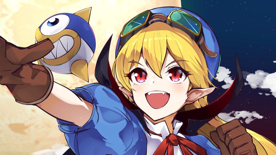 13-gou 1girl blonde_hair blue_headwear gloves goggles goggles_on_headwear hat long_hair marivel_armitage open_mouth pointy_ears red_eyes smile wild_arms wild_arms_2
