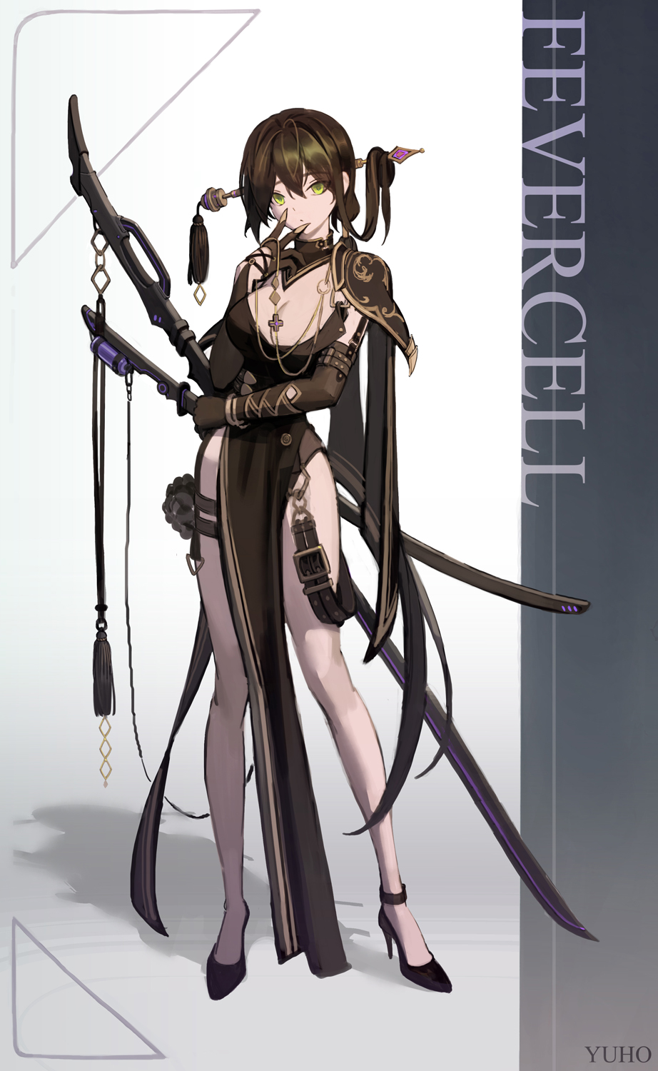 1girl ankle_strap artist_name belt black_dress capelet character_name dot_mouth dot_nose dress elbow_gloves english_commentary full_body gloves gold_trim green_eyes high_heels highres legs_apart long_hair looking_at_viewer o-ring original shadow solo standing sword tassel thigh_strap thighs v weapon weapon_on_back yuho_kim