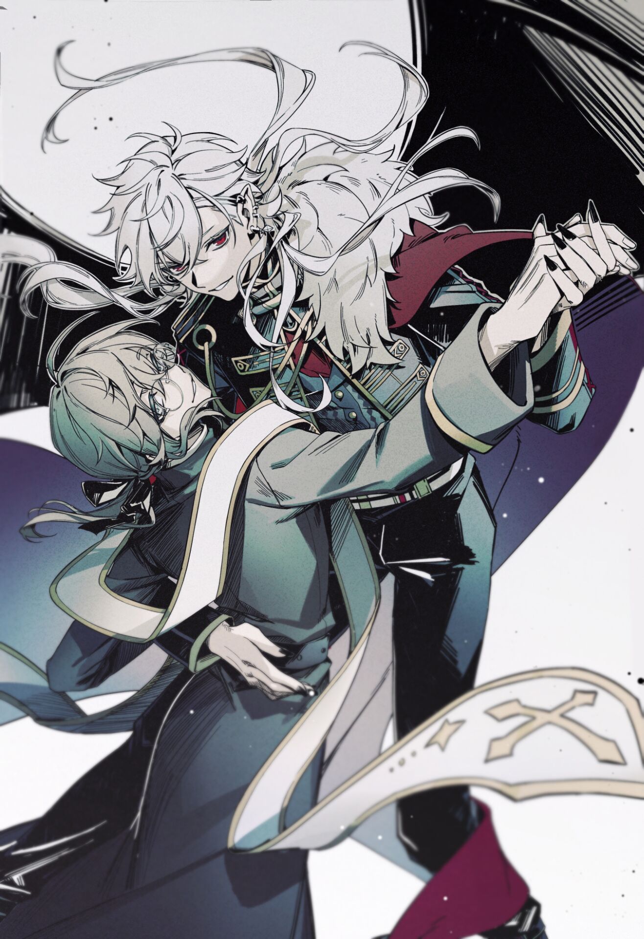 2boys belt black_nails black_pants capelet chronoir coat dancing ear_piercing earrings fingernails grey_hair highres jacket jewelry kanae_(nijisanji) kuzuha_(nijisanji) long_fingernails long_hair looking_at_viewer male_focus multiple_boys nail_polish nijisanji pants parted_lips piercing red_capelet red_eyes round_eyewear sash short-hair white_hair xxlsid48