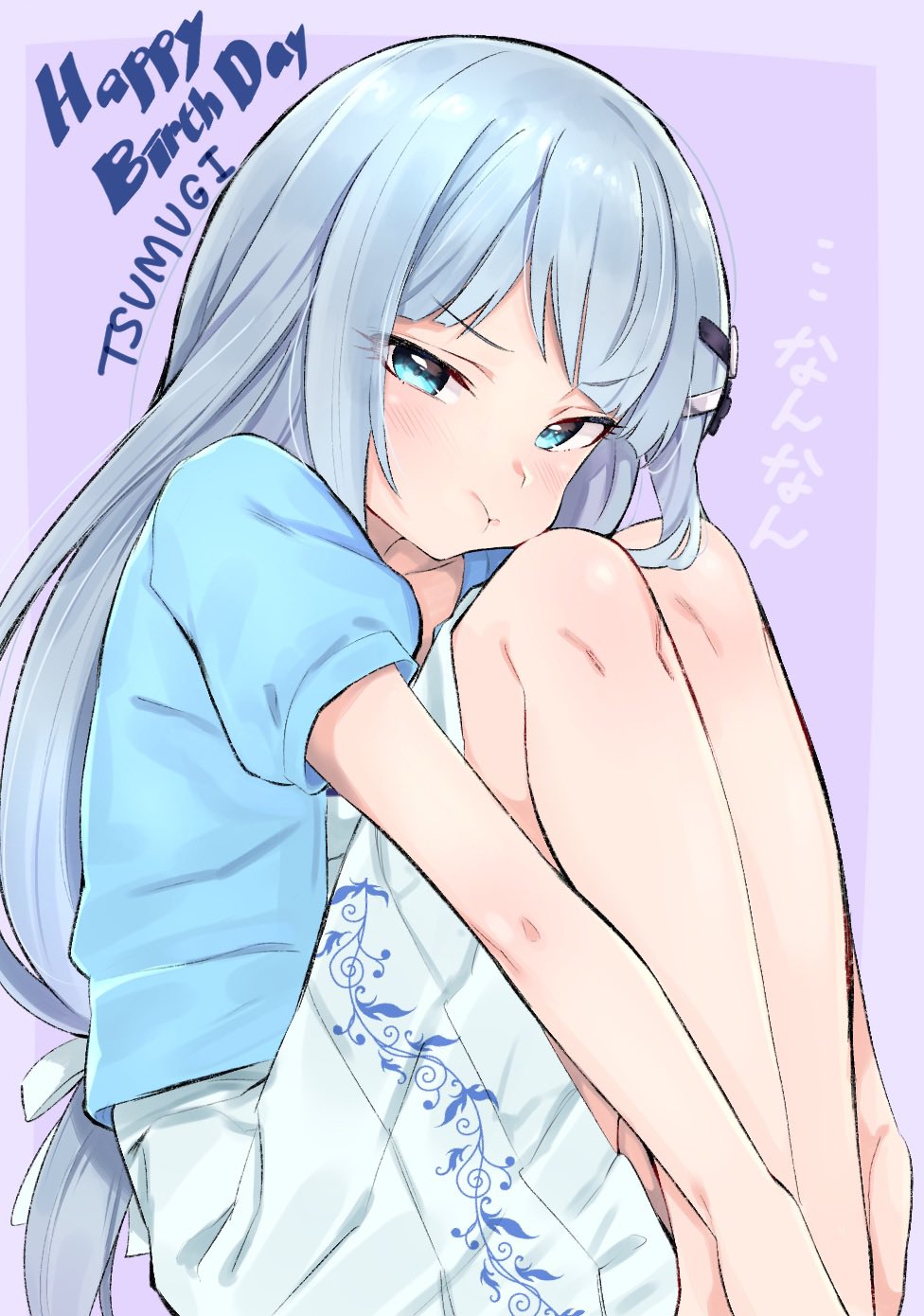 1girl :t bare_legs blue_jacket character_name dress floral_print happy_birthday highres idolmaster idolmaster_million_live! jacket knees_up light_blue_hair long_hair looking_at_viewer low_tied_hair own_hands_together pout print_dress shiraishi_tsumugi simple_background solo sutora_binsuke two-tone_background white_dress