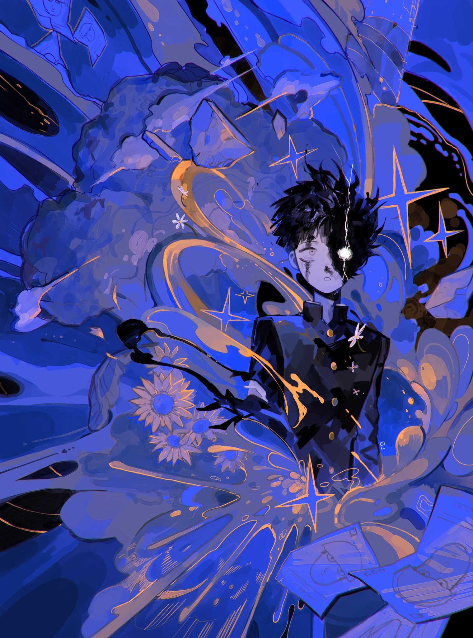 1boy abstract black_hair dust dust_cloud electricity explosion flower grey_eyes heterochromia highres kageyama_shigeo male_focus mob_psycho_100 mong_120 no_pupils paper rock school_uniform scratches shaded_face signature solo sparkle sunflower uniform white_eyes white_flower