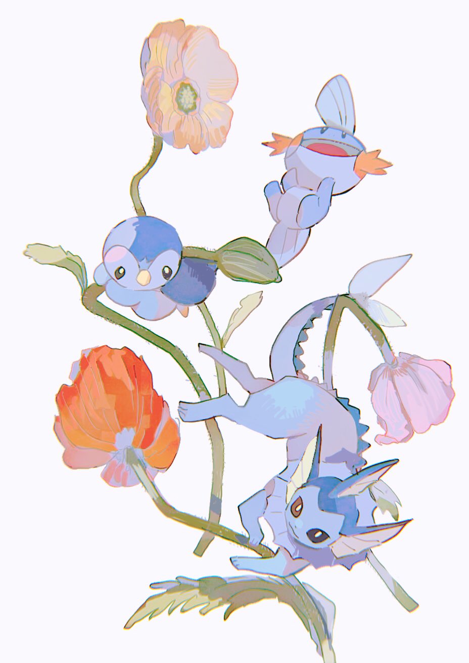 3others :3 beak black_sclera blue_fur bright_pupils colored_sclera commentary creature fins fish_tail floating flower grey_background head_fins highres hinann_bot mudkip multiple_others no_humans orange_flower pink_flower piplup plant pokemon pokemon_(creature) poppy_(flower) smile tail vaporeon white_pupils