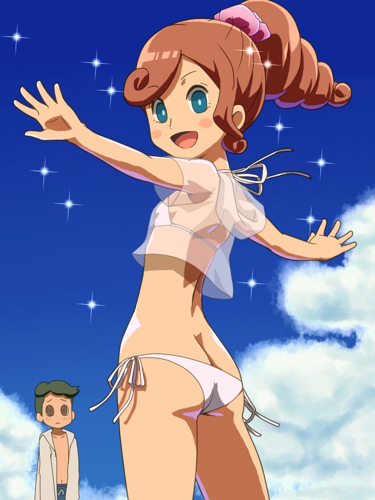 1boy 1girl ass awa blue_eyes blush_stickers brown_hair character_request closed_mouth clouds katrielle_layton layton's_mystery_journey long_hair looking_at_viewer navel open_mouth professor_layton smile swimsuit