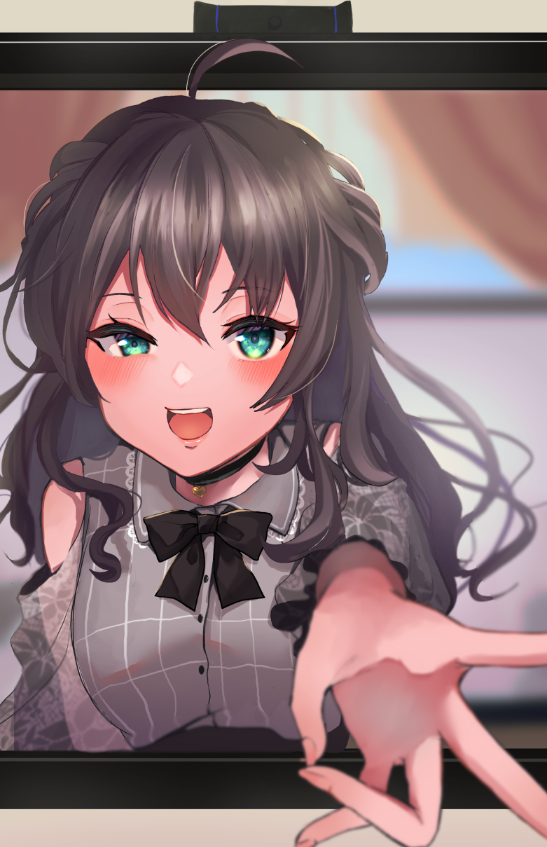 1girl :d ahoge blush brown_hair casual collar foreshortening green_eyes highres hololive long_hair monitor natsuiro_matsuri official_alternate_costume open_mouth smile solo tako_8_yaki upper_body virtual_youtuber